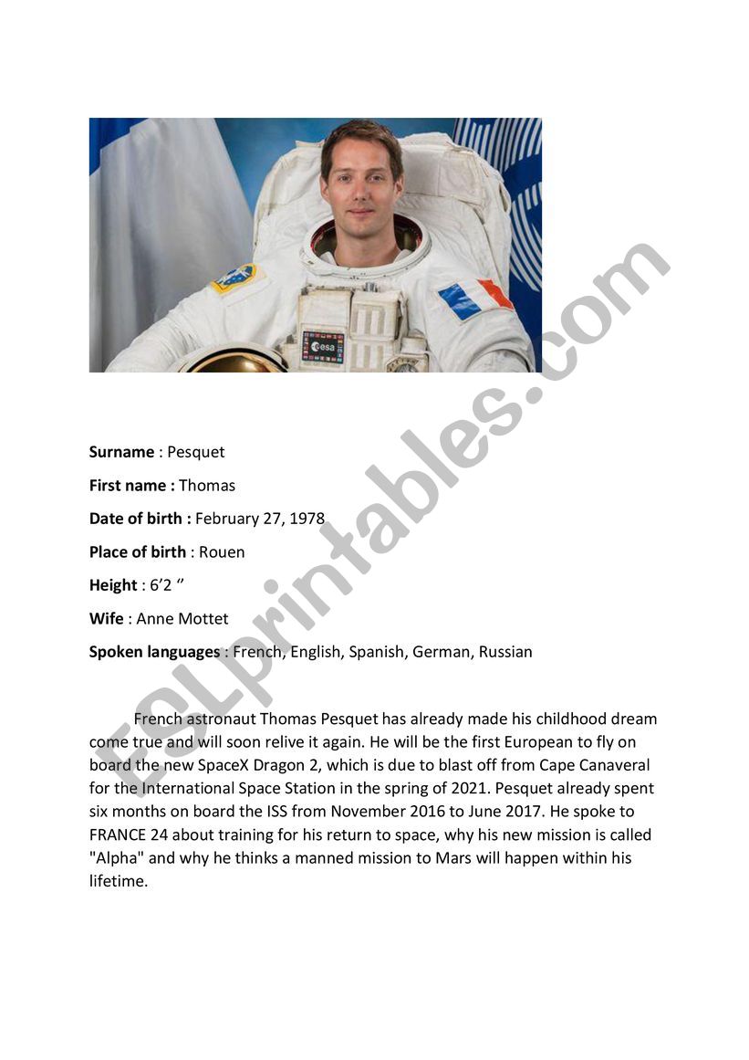 Who is Thomas Pesquet? worksheet