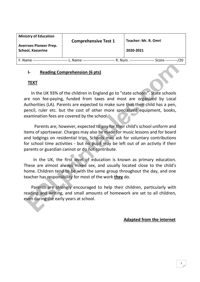 Comprehensive Test worksheet