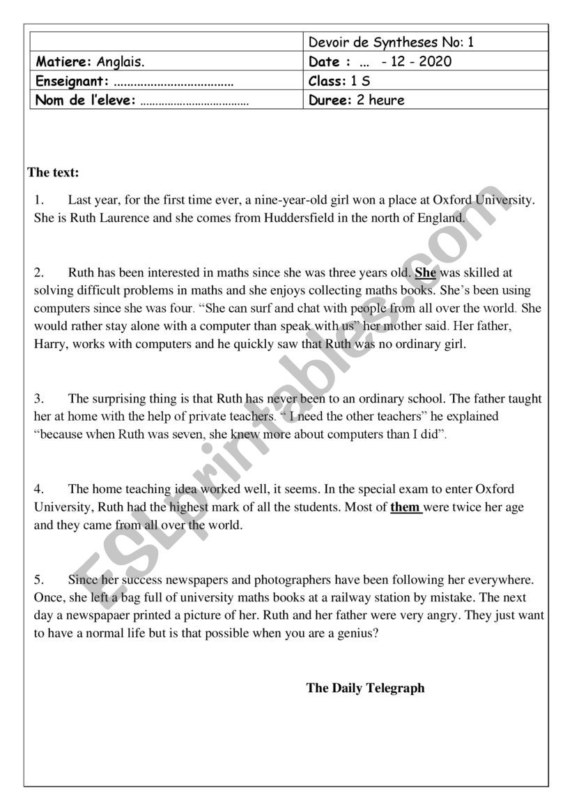 1st year End of term test 1 worksheet