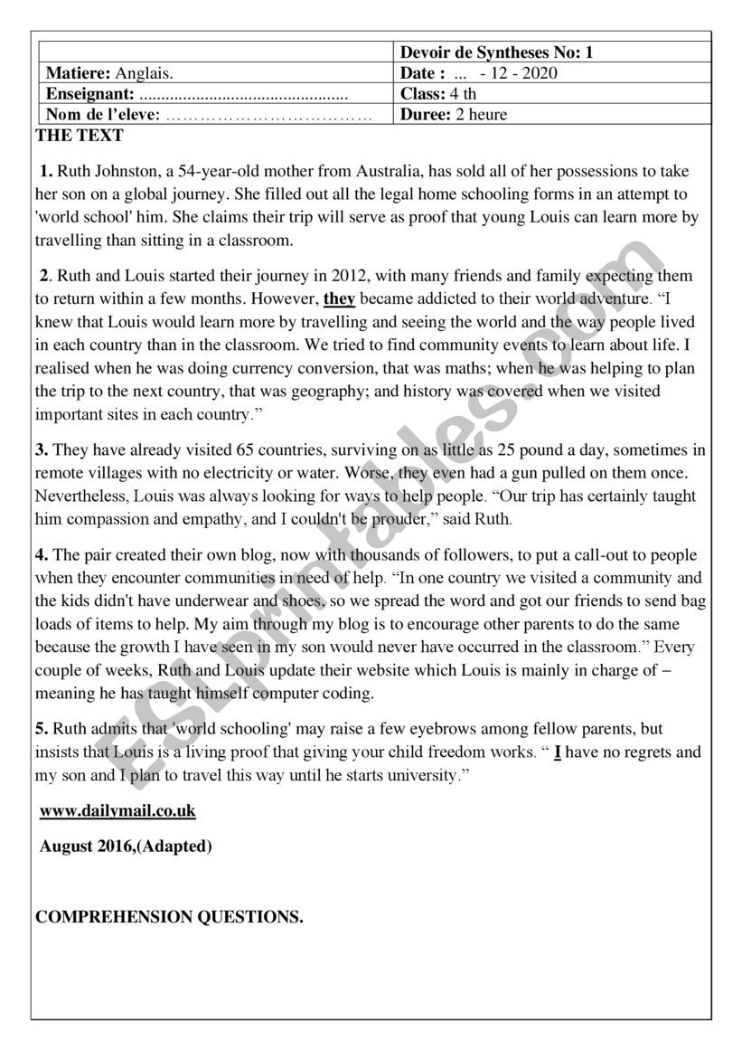 4th year End of term test 1 worksheet