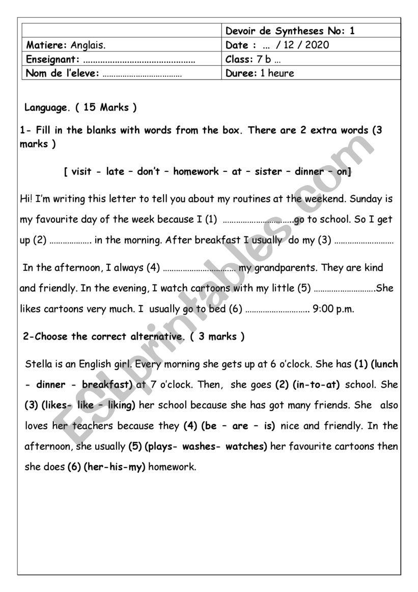7th form End of term test 1 worksheet
