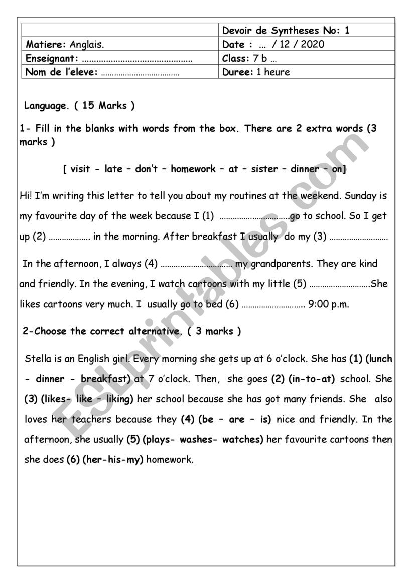 7th form End of term test 1 worksheet