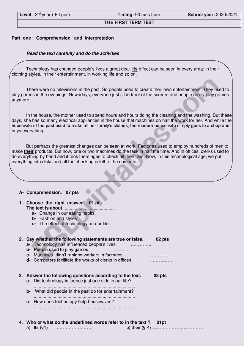 First  term  test   worksheet