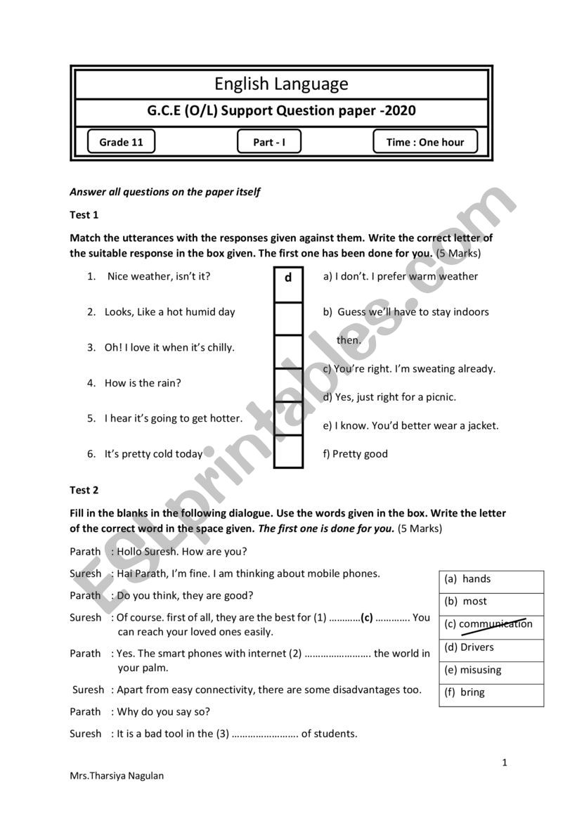 G.C.E O/L Support question paper Part I