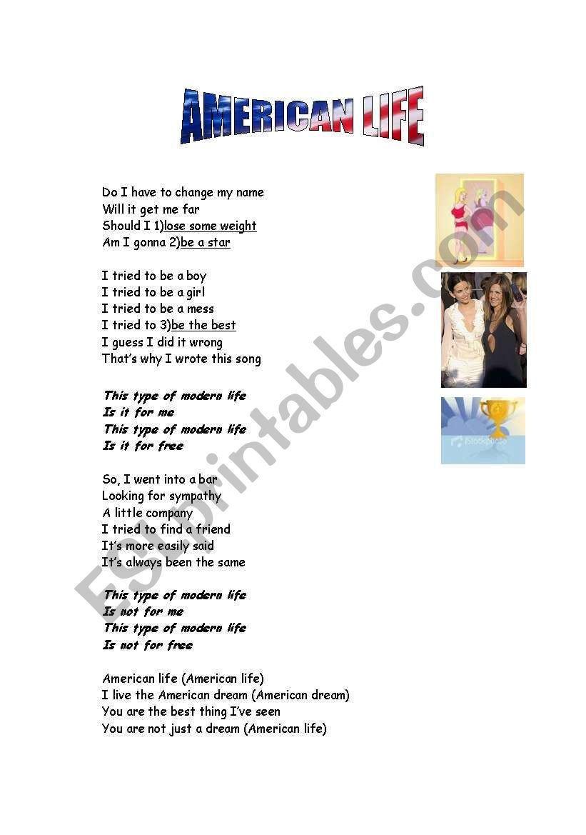 Song AMERICAN LIFE by Madonna worksheet