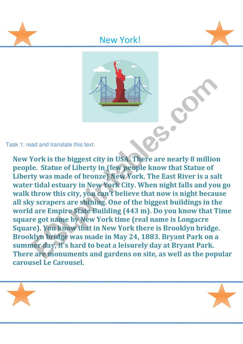 Text about New York worksheet