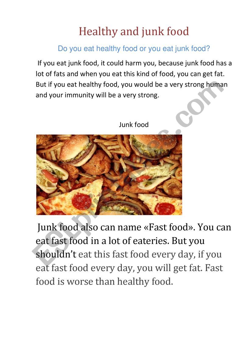 Healthy and junk food. worksheet