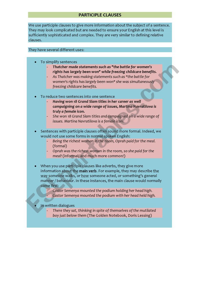 Participle Clauses - Summary (Advanced Learners of English - C1 & C2)