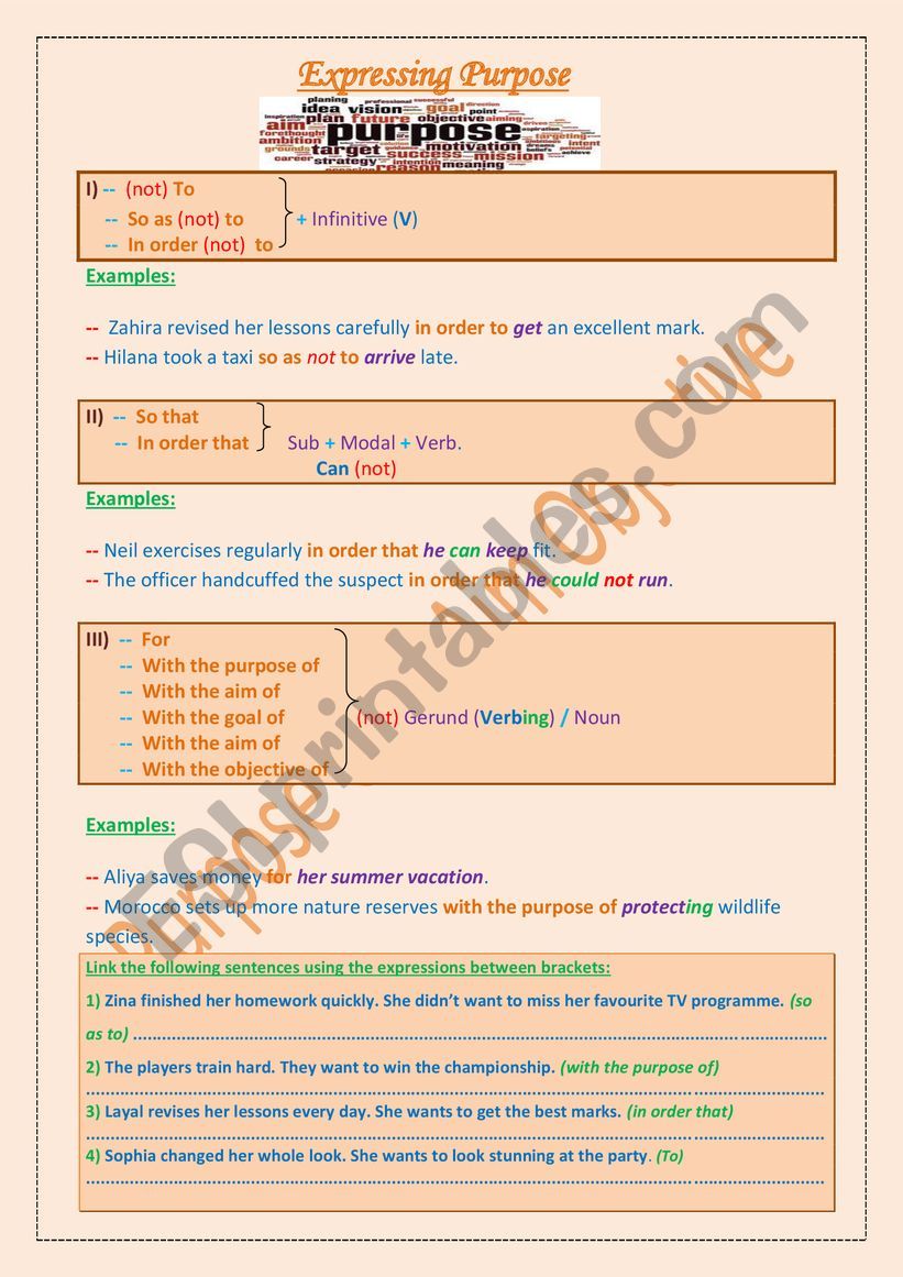 Expressing Purpose worksheet