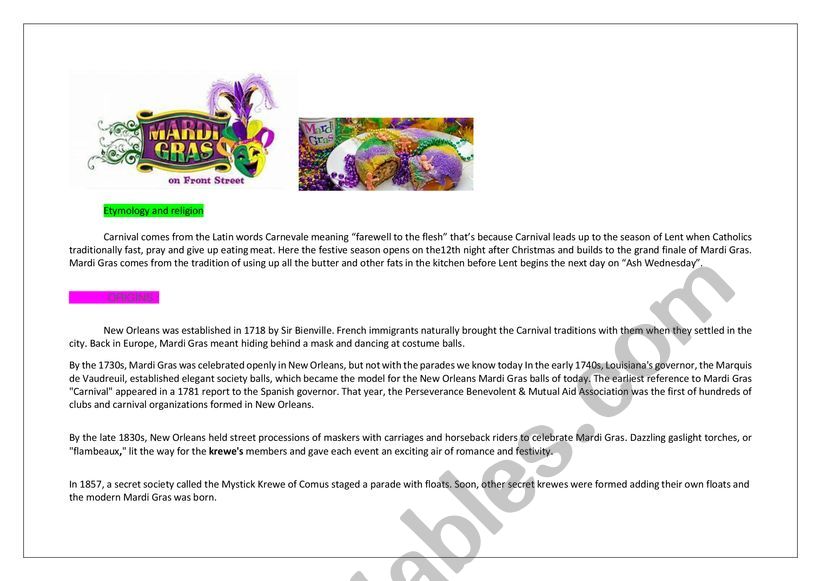 Mardi Gras in New Orleans worksheet