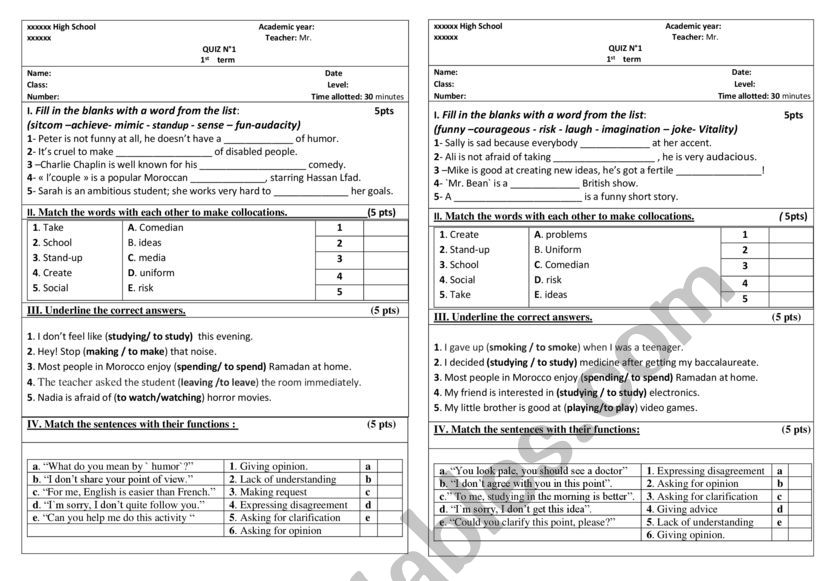 Quiz worksheet