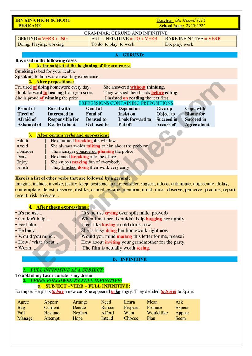 Gerund and Infinitive worksheet