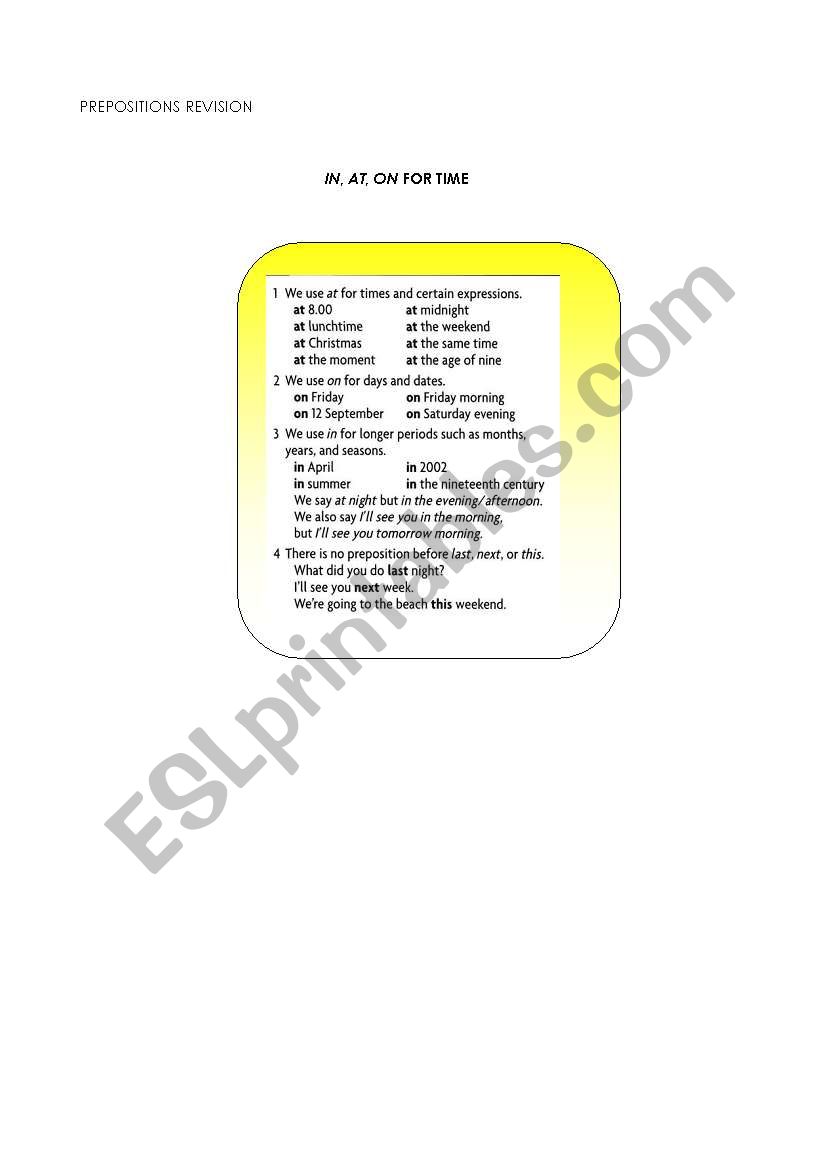 prepositions in , on , at worksheet