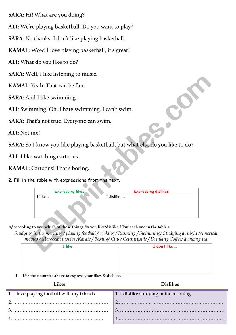 Expressing likes & dislikes worksheet