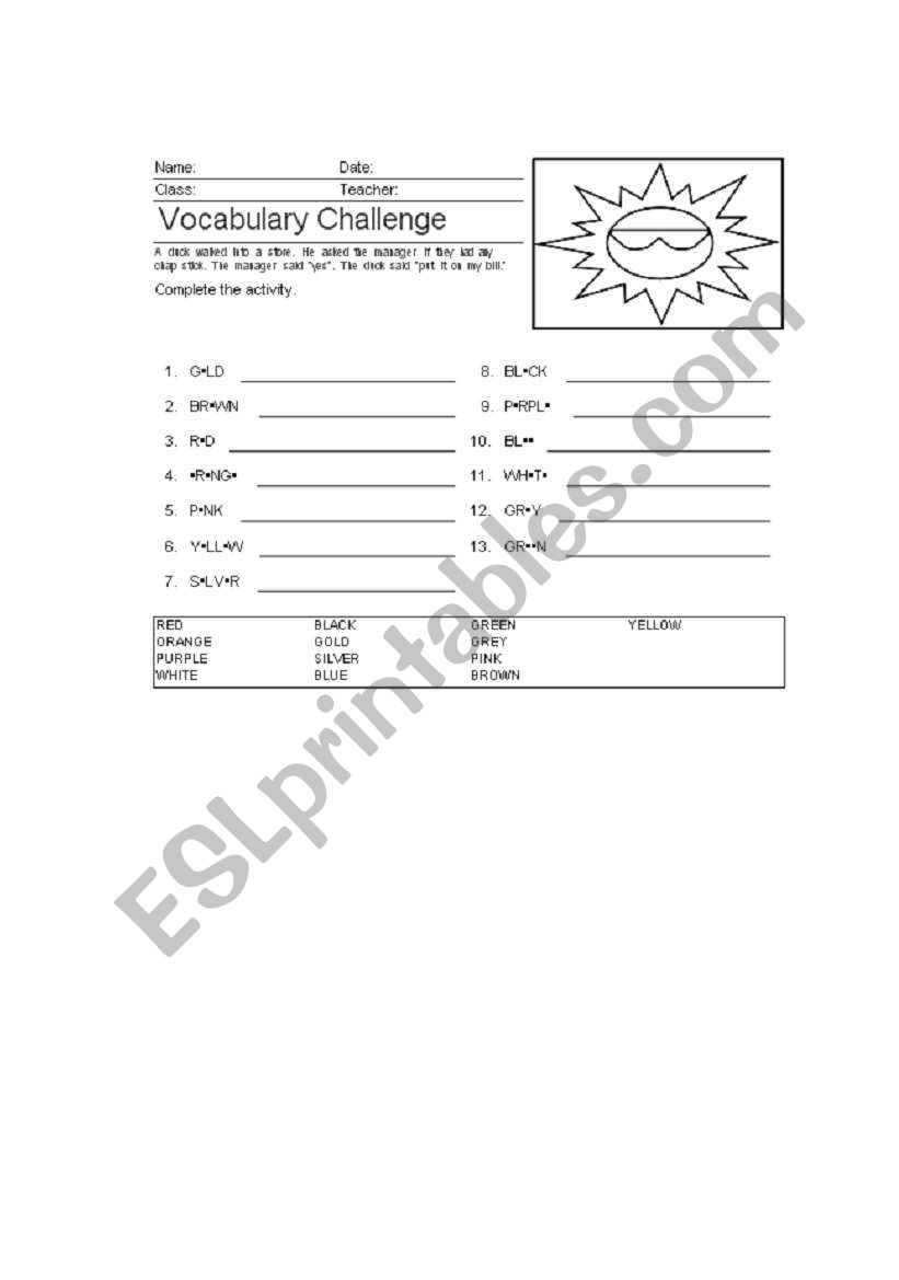 Missing letters - COLOURS worksheet