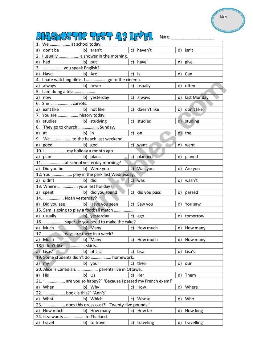 DIAGNOSTIC TEST worksheet