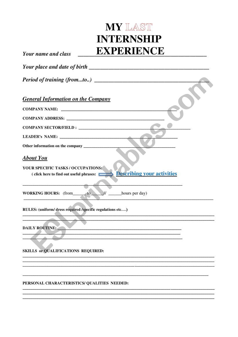 My last internship experience worksheet