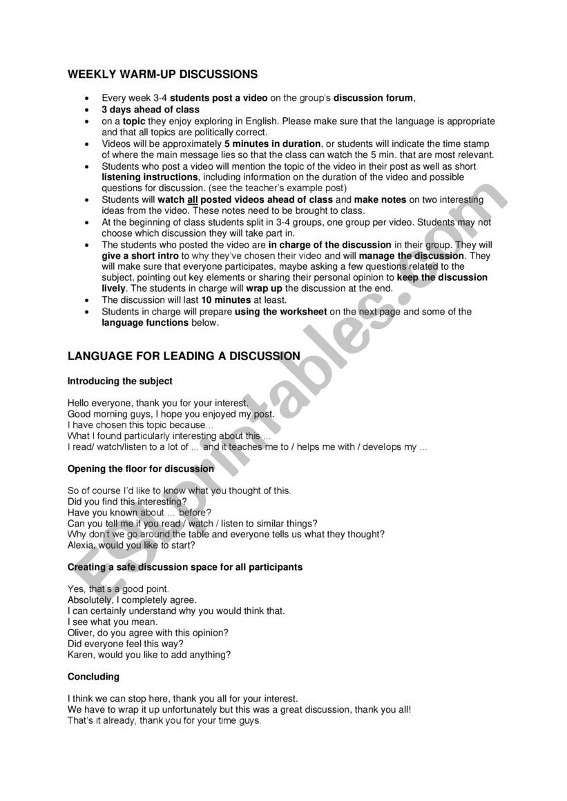 Warm-up discussions worksheet