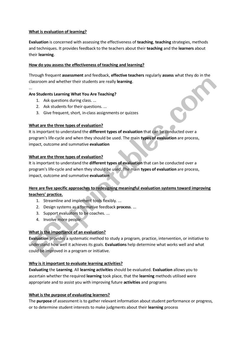 the evaluation of learning worksheet