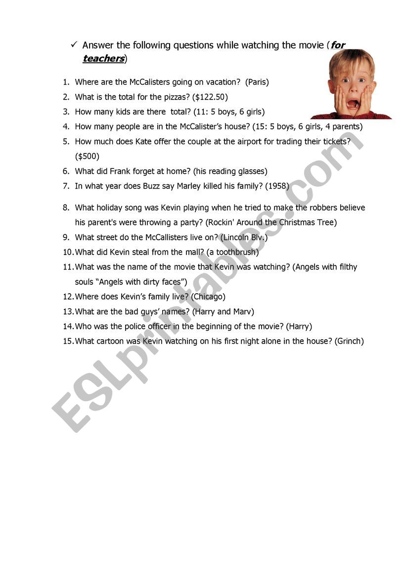 Home Alone 1 worksheet