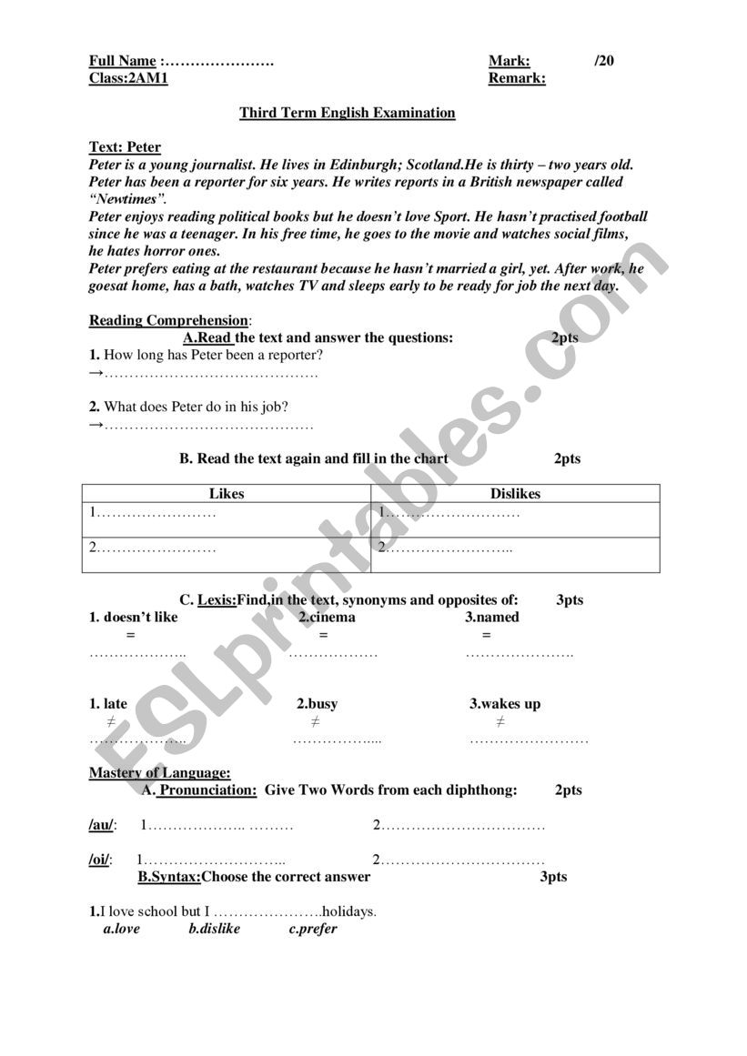 third term test 2ms worksheet