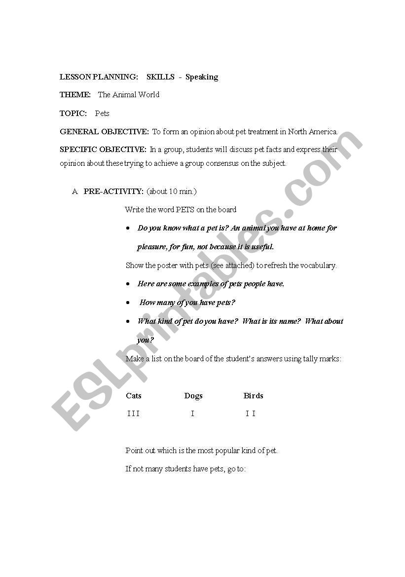 Pets - speaking lesson worksheet