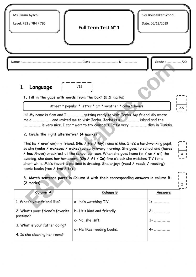 7th Grade - Full Term Test 1 worksheet