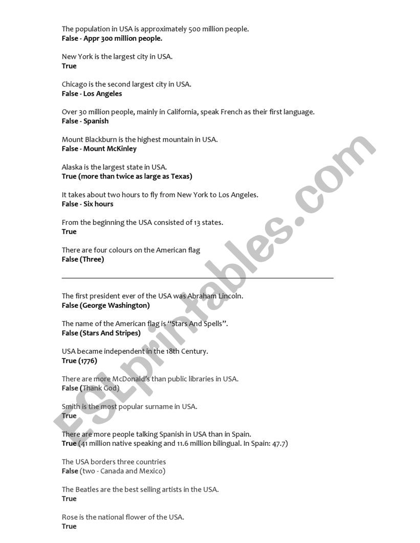 True Or False - USA worksheet