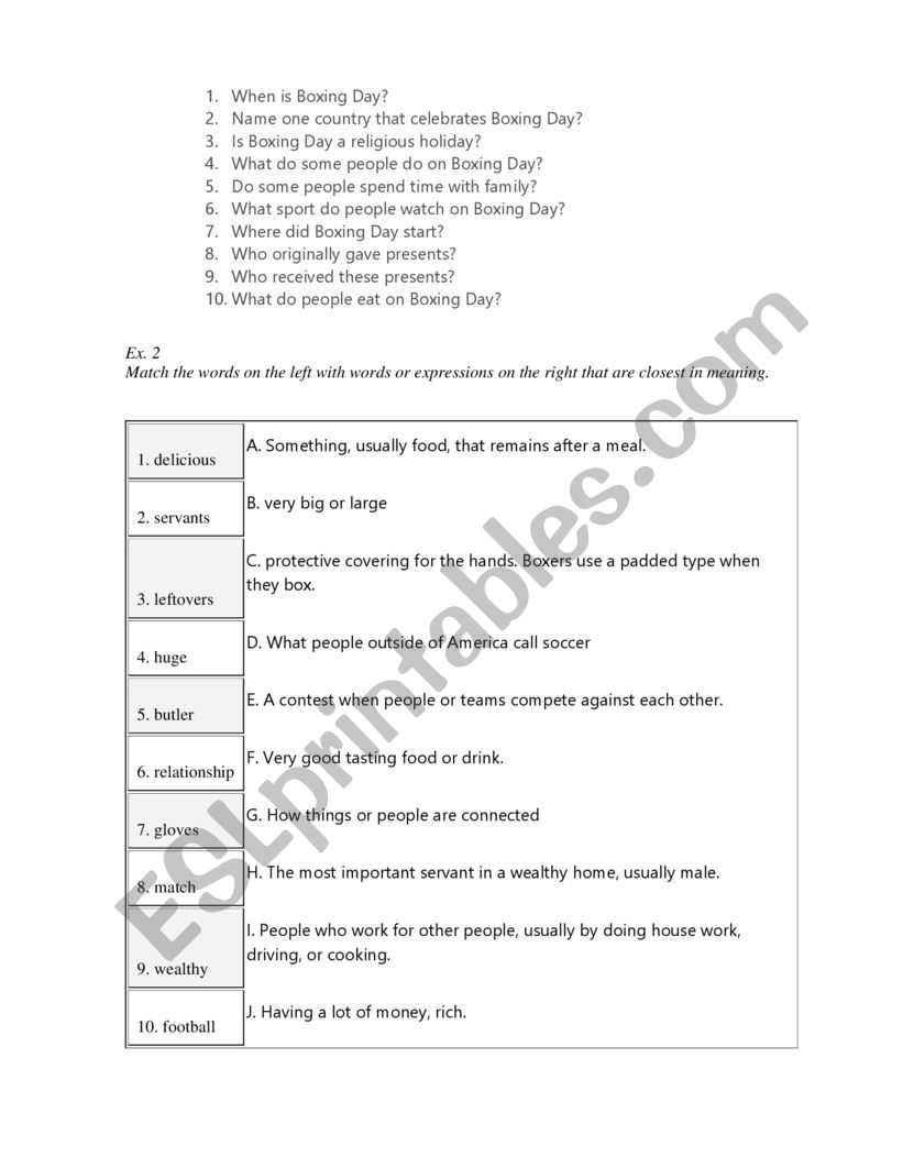 Boxing Day worksheet