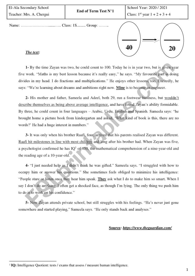 End of term test 1  worksheet