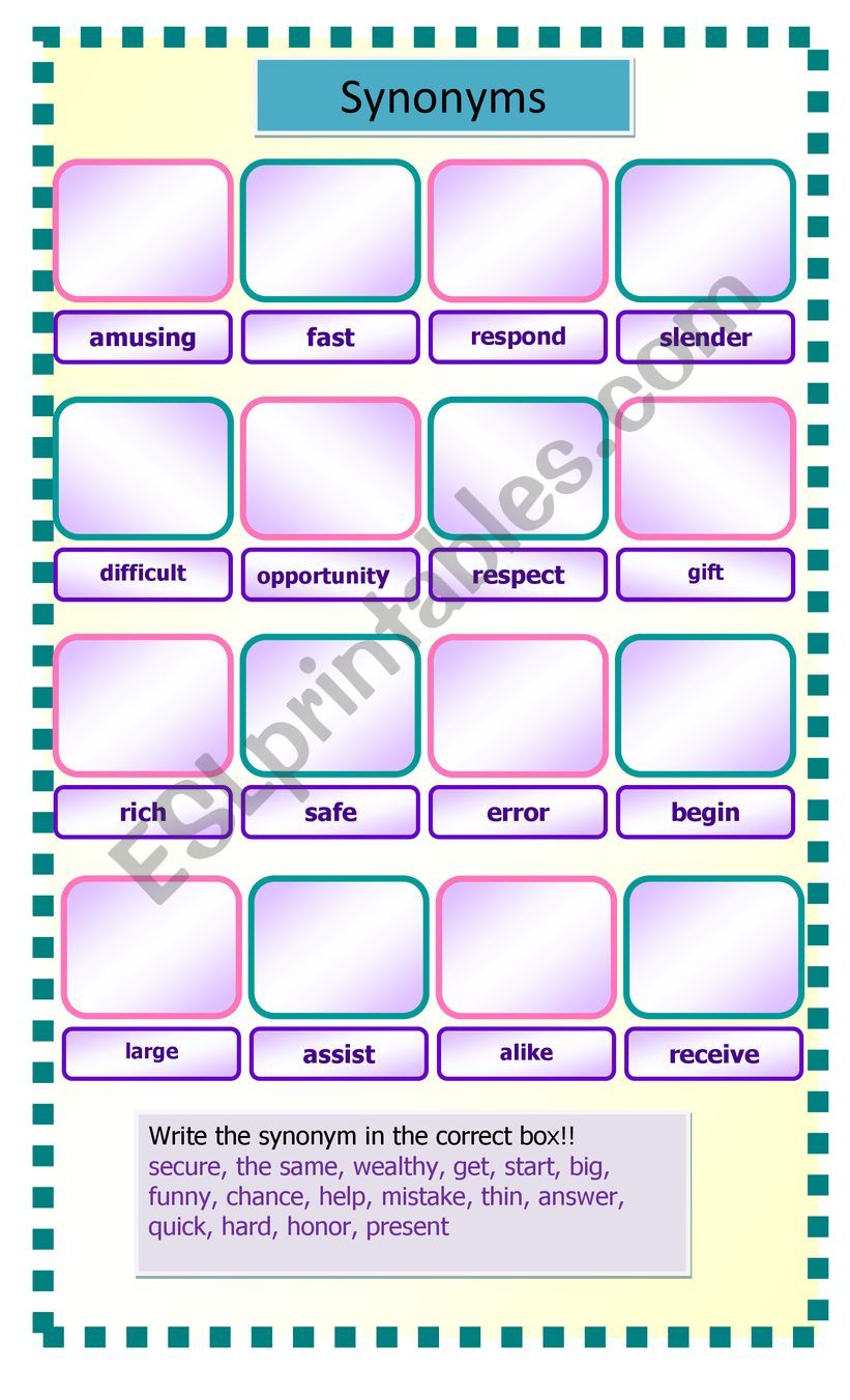 Match the correct synonym worksheet