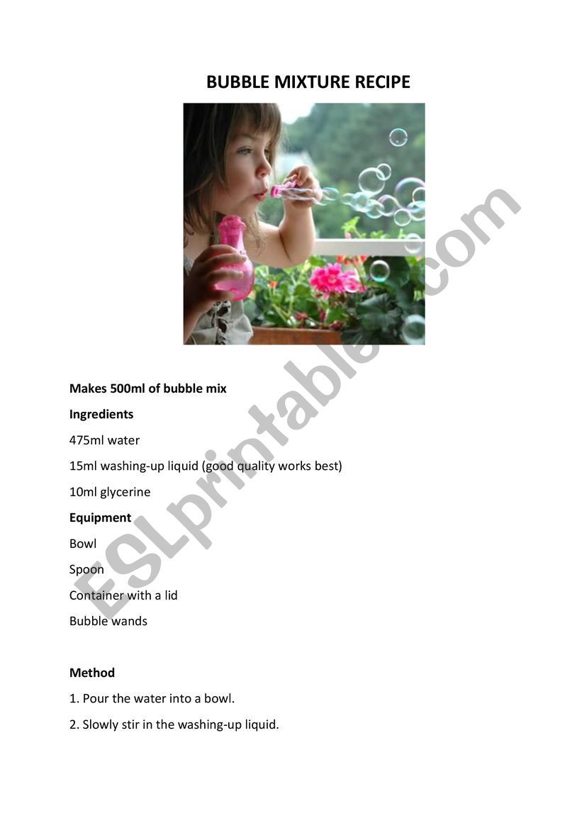 Bubble Mixture Recipe worksheet