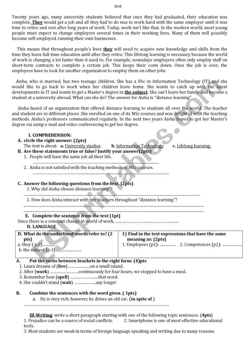 test worksheet