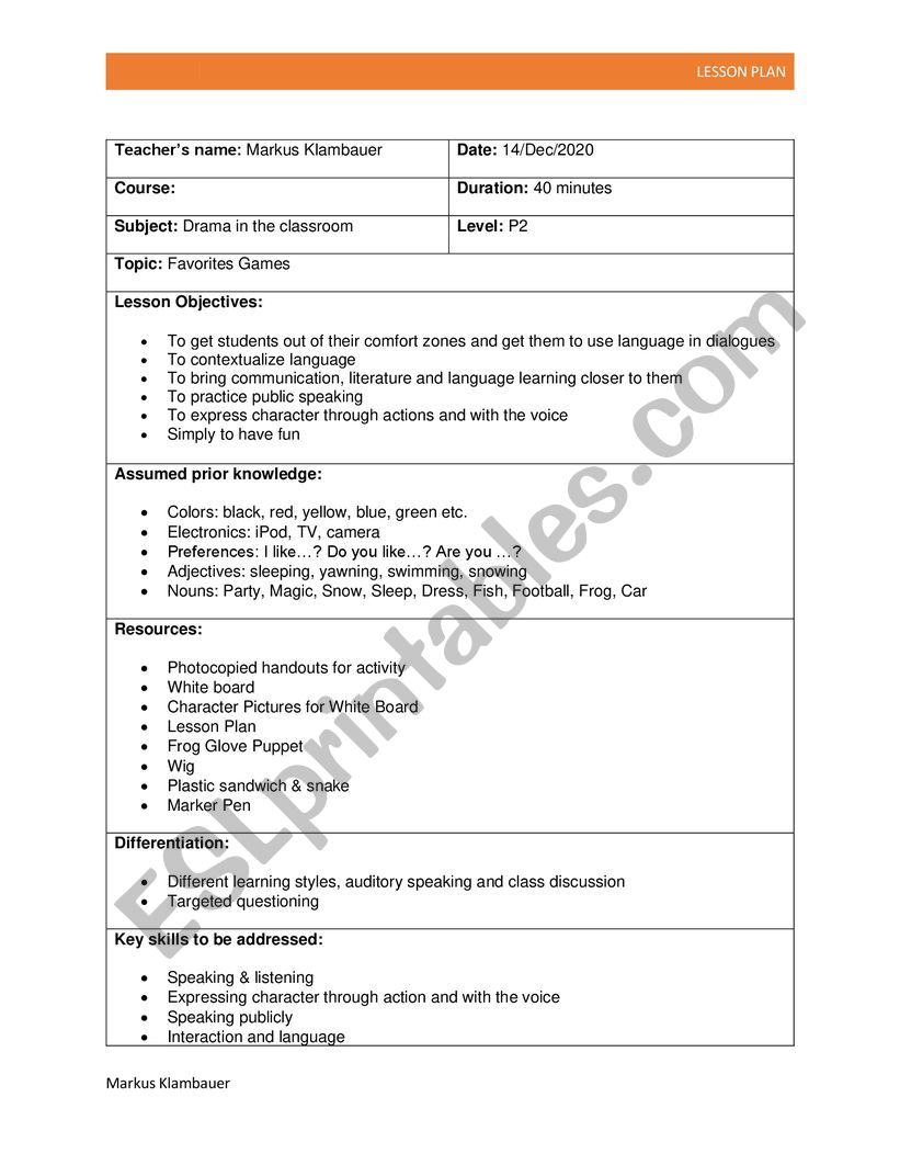 ESL Intro to Drama Lessons  worksheet