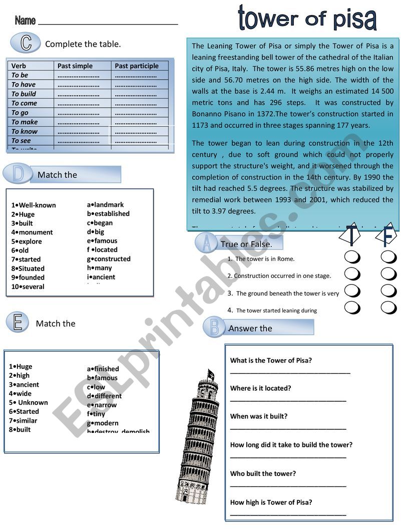 Leaning Tower Of Pisa worksheet