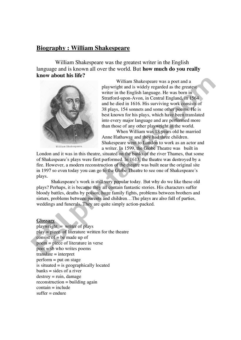 Biography of William Shakespeare - ESL worksheet by hlitsakarag@