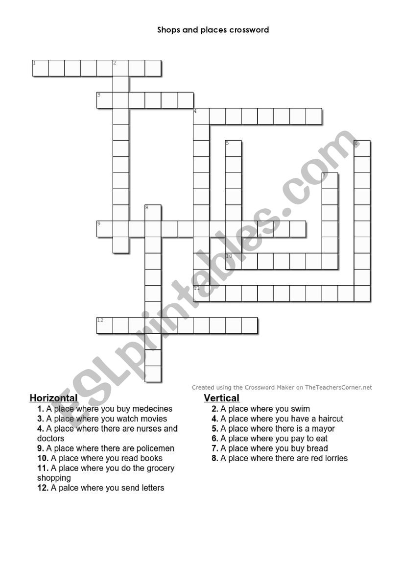 shops and places crossword worksheet