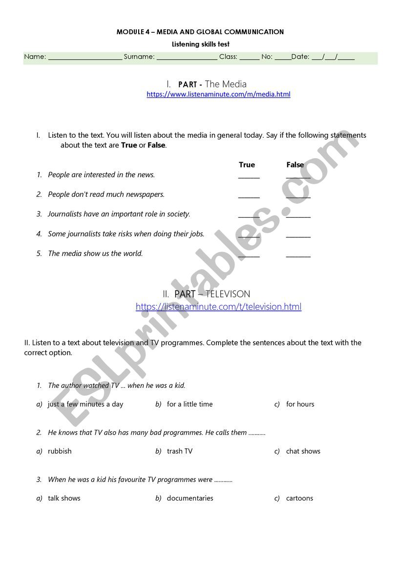 The Media - Listening Test worksheet