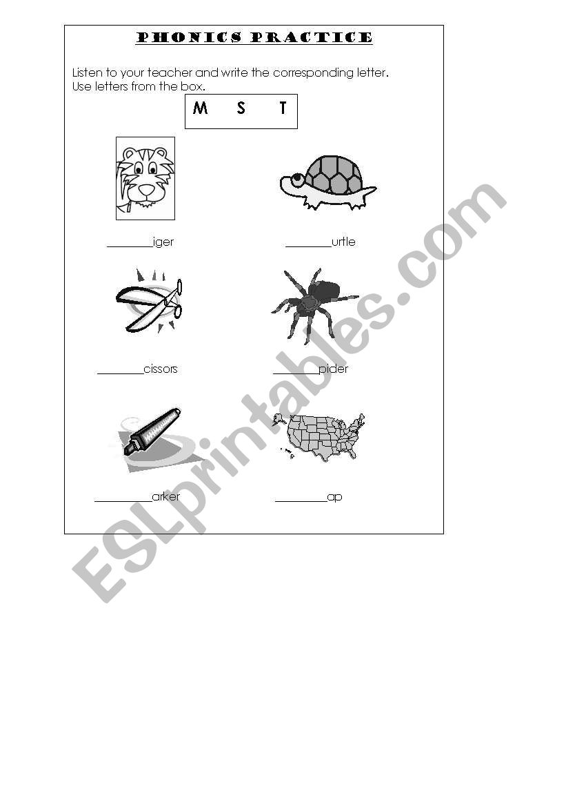 phonics consonants s, m, t worksheet