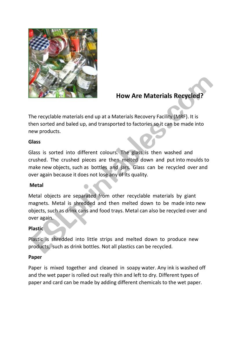 How are Materials Recycled worksheet