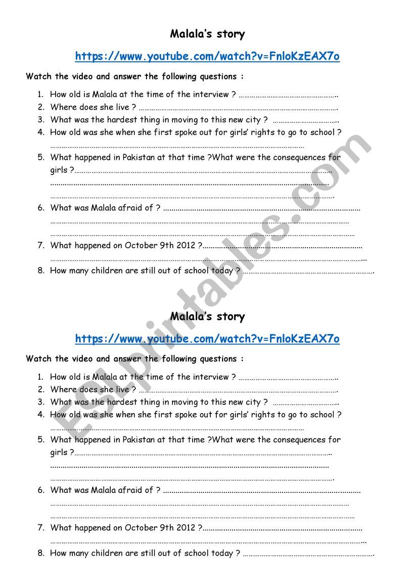 Malalaï¿½s story worksheet