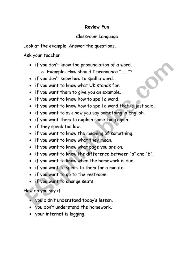 Classroom Language  worksheet