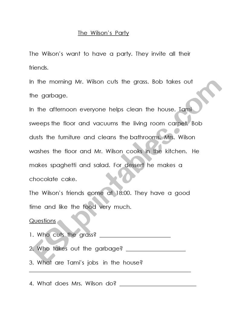 The Wilson�s Party worksheet
