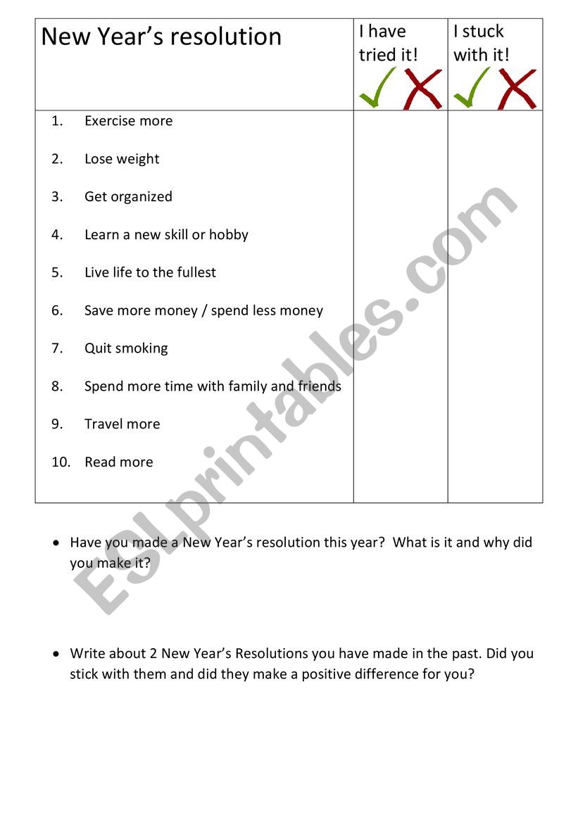 New Year�s Resolutions worksheet