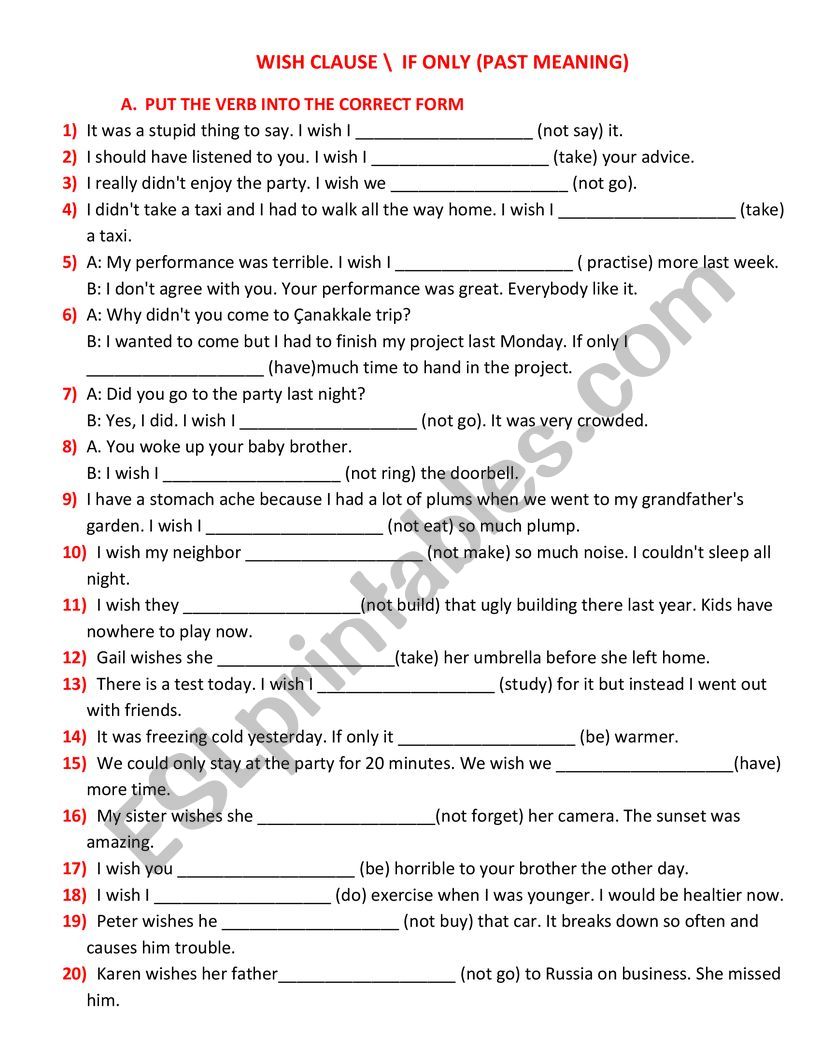 Wish Clause Past Meaning worksheet