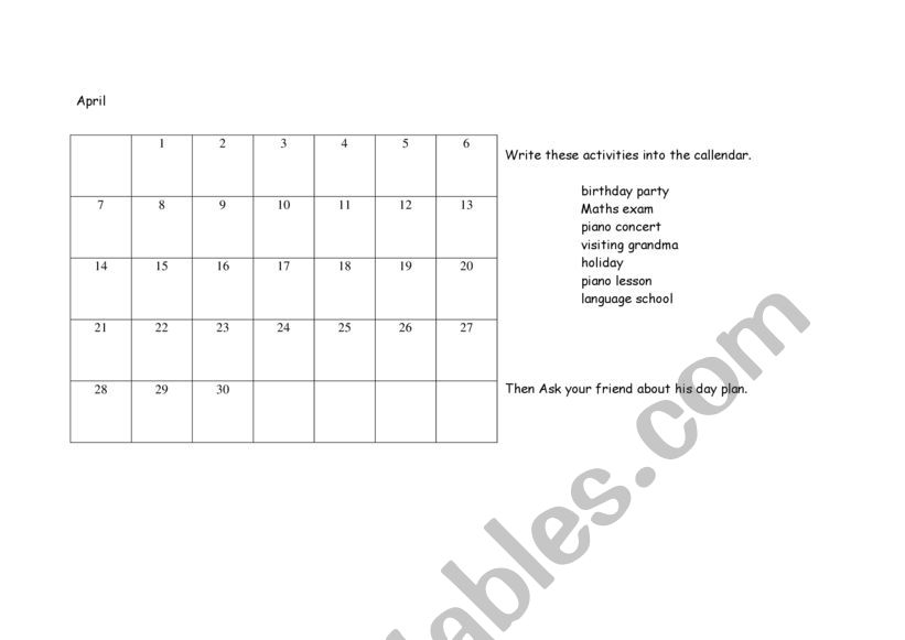 The calendar worksheet