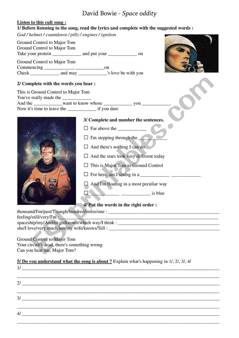 Bowie Space Oddity worksheet