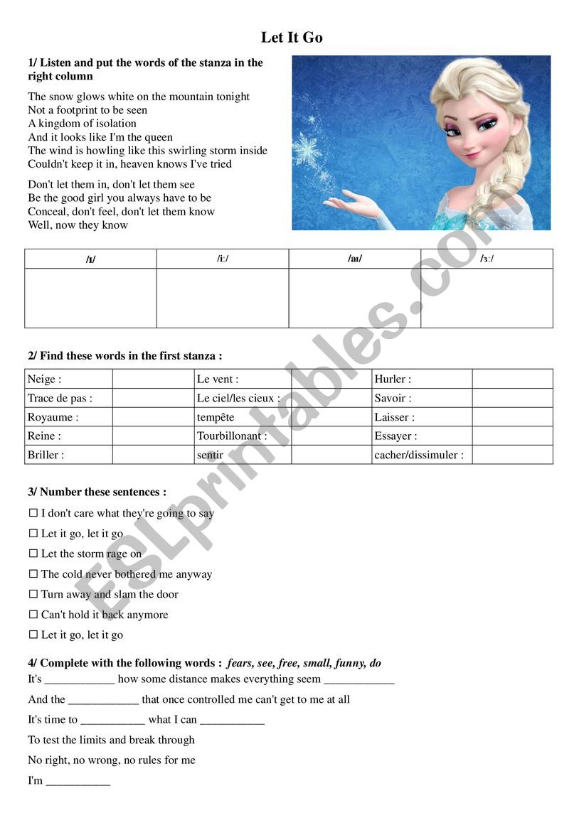 Let it go - Frozen worksheet