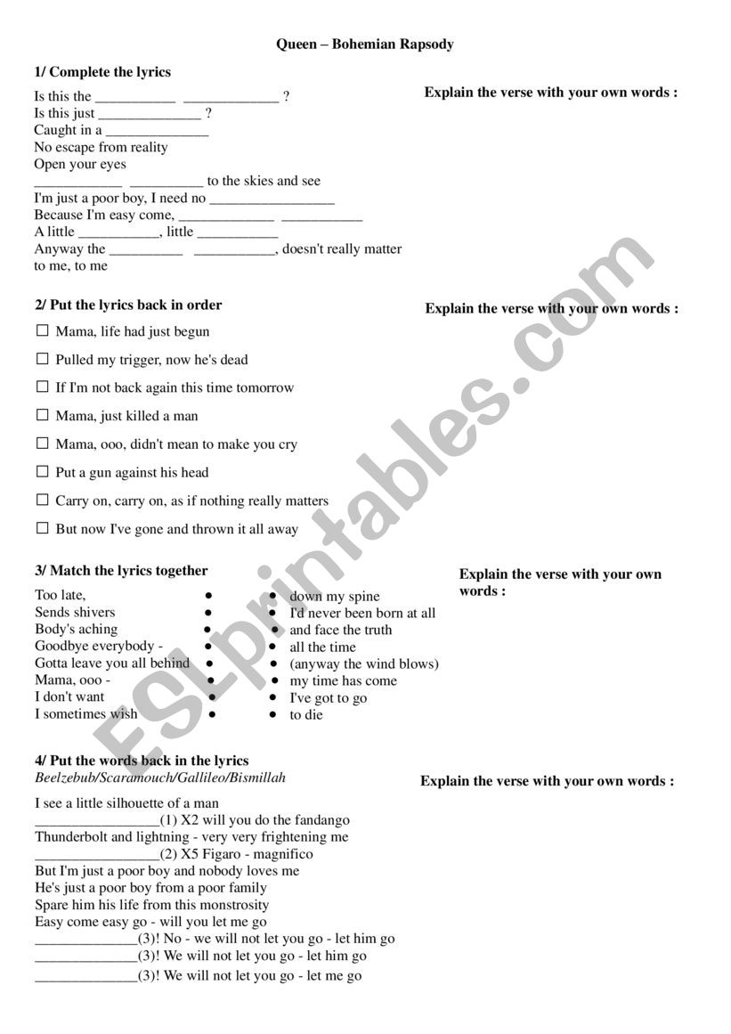 Bohemian Rapsody - Queen worksheet