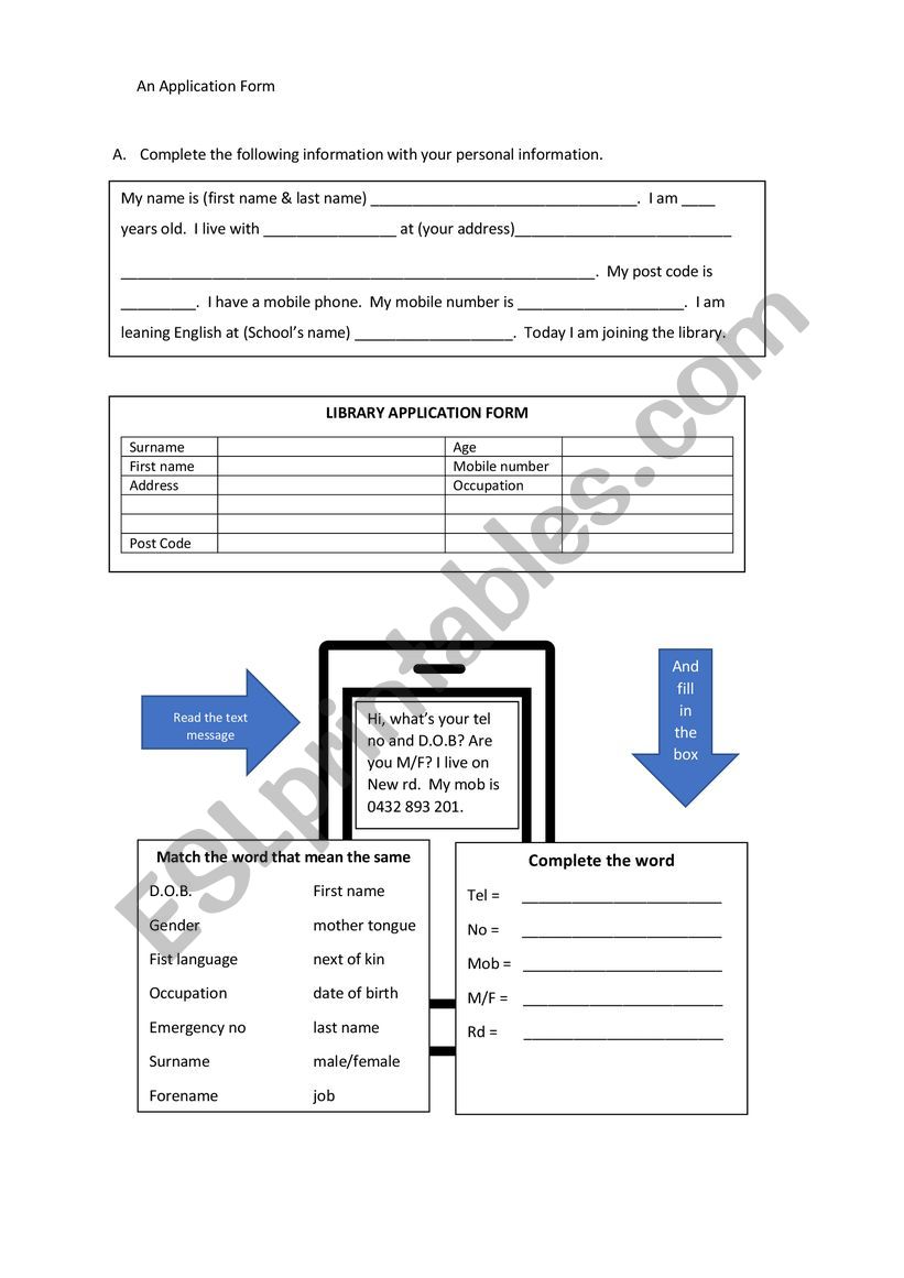 Library application form worksheet